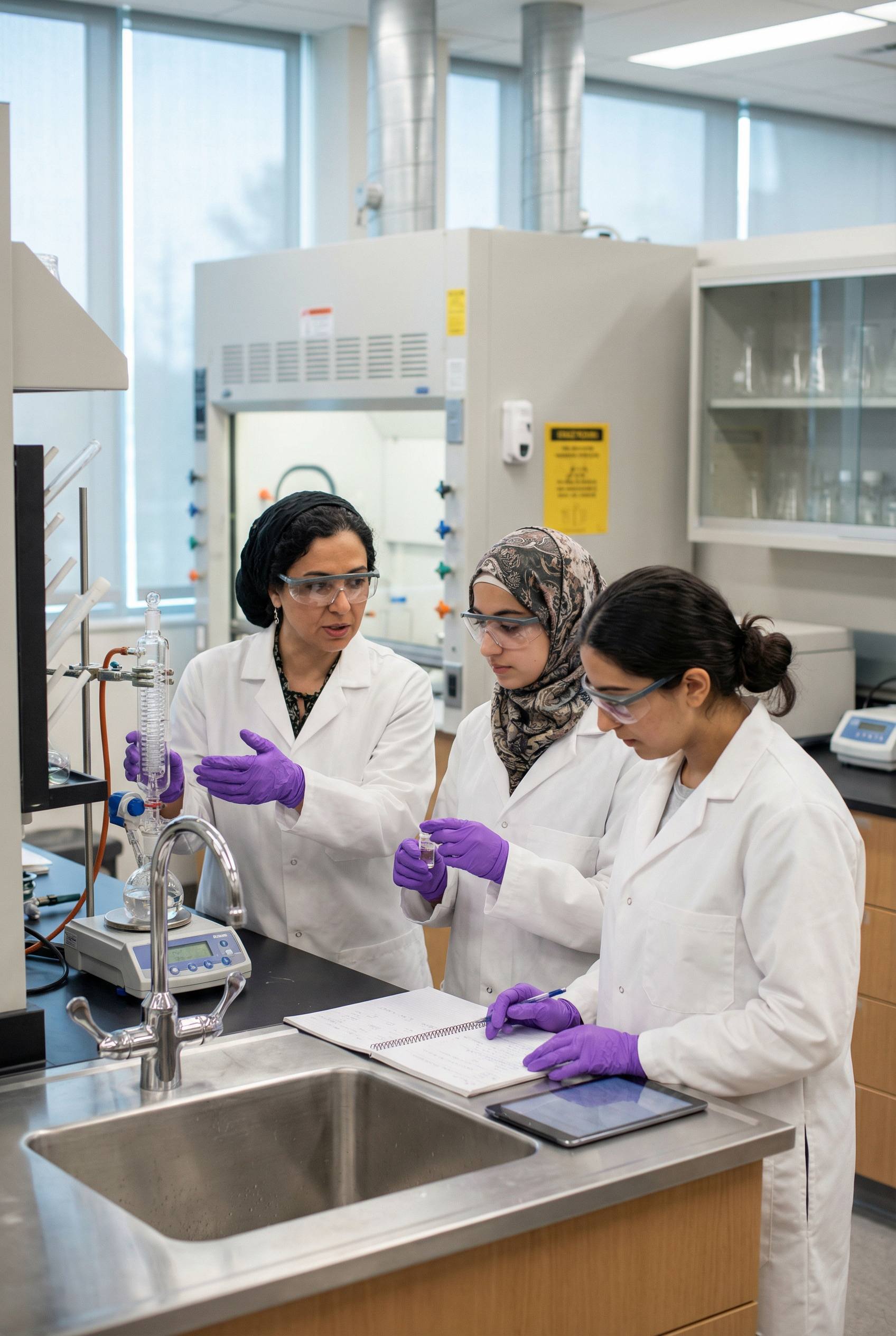 Researchers collaborating in lab